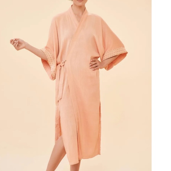 Powder ORGANIC COTTON RETREAT GOWN IN CORAL Limited Edition Beach Coverup Robe - Picture 2 of 14